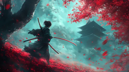 Lone samurai advances toward misty pagoda through crimson grove