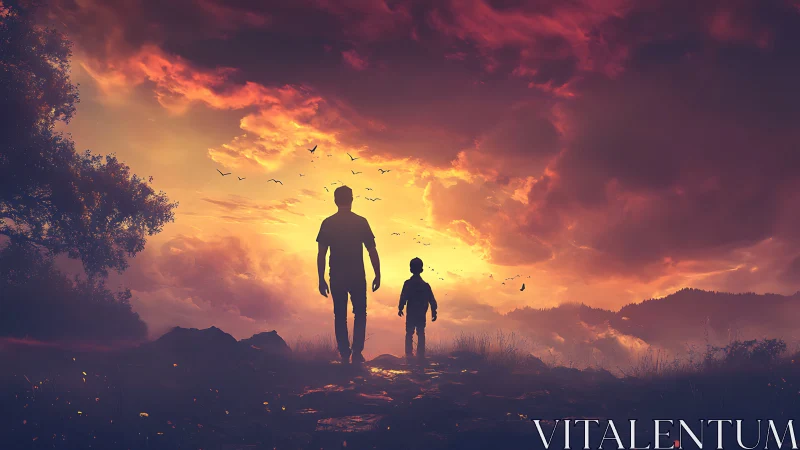 Crimson sky pilgrimage of father and child toward glowing horizon.