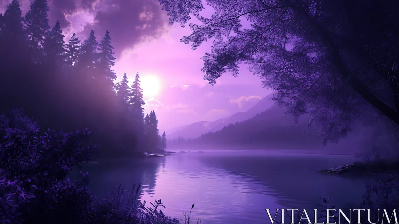 Violet dusk sun reflects across tranquil forest lake