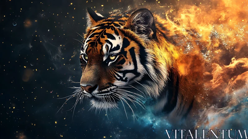 Cosmic tiger spirit glowing with fire and stardust calm.