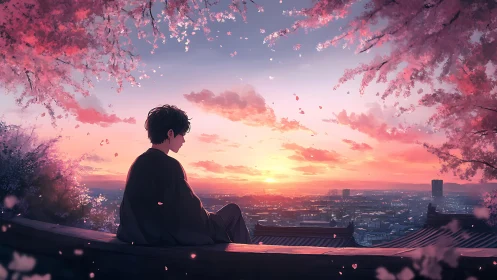 Solitary figure viewing sunset over city beneath blossoms.