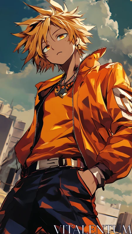 Spiky haired rebel in orange jacket under dramatic sky.