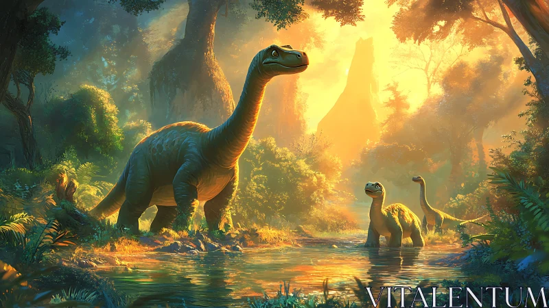 Dinosaurs stand in a sunlit prehistoric forest river valley