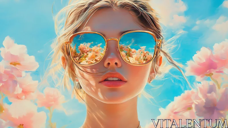 Sunlit daydream reflects bright blossoms in golden sunglasses