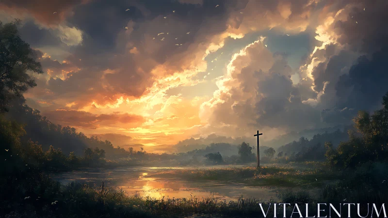 Sunset wetland landscape with cross and dense cloud cover.