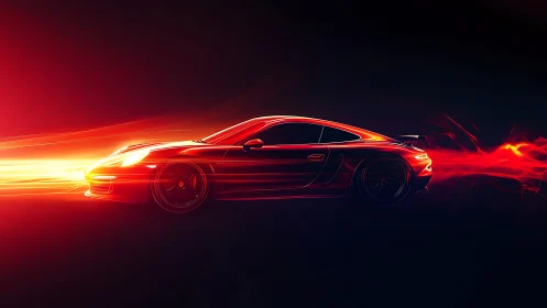 Red sports car cuts through dark space with blazing light trails