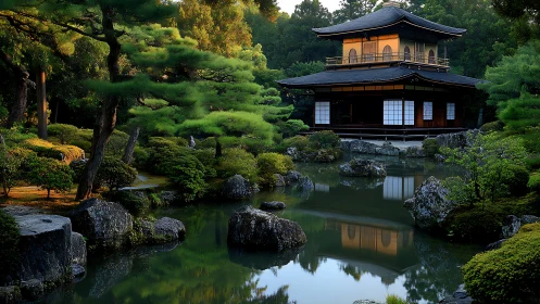 Zen pavilion beside reflective pond amid lush Japanese garden.