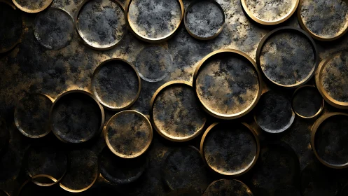 Golden metallic circles emerge from dark textured surface.