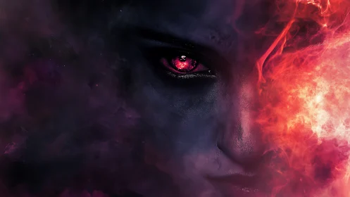 Demonic visage emerges from nebular fire and shadowed void.