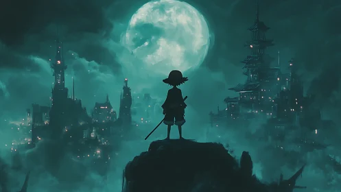 Silhouetted wanderer studies moonlit twin cities at night