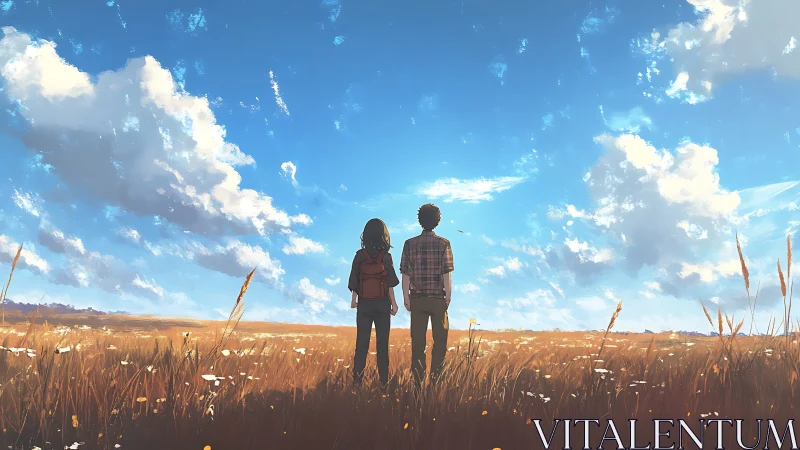 Summer field horizon with two teens under vast sky.