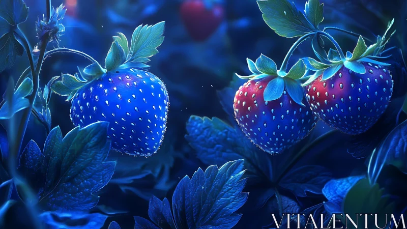 Bioluminescent strawberries rendered in nocturnal macro detail