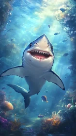 Smiling cartoon shark swims upward through sunlit reef