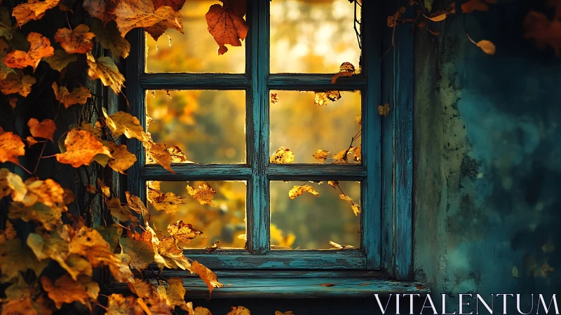 Golden autumn leaves drifting past a weathered blue window.
