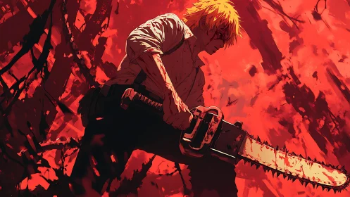 Bloodlit chainsaw drifter stalking through a scarlet storm.