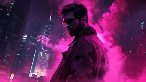 Neon city wanderer pauses in glowing pink night haze