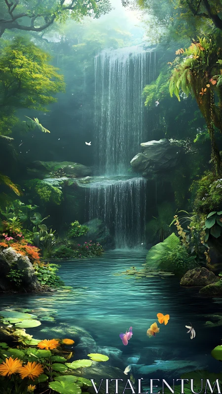 Lush jungle waterfall pool under misty emerald canopy.