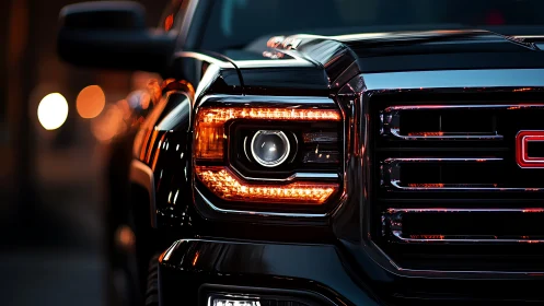 Black pickup truck headlight glows against blurred city street