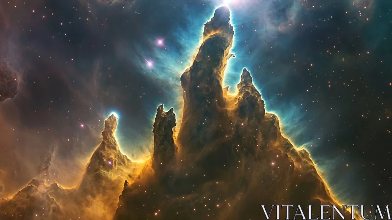 Stellar nebula spires glow with ionized cosmic gases.