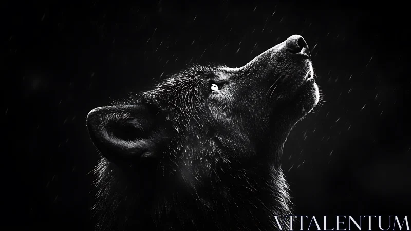 Solitary black wolf gazes upward through the falling night rain