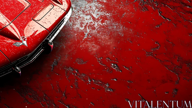 Red classic sports car over wet textured ground surface.