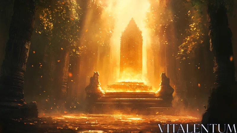 Luminous monolithic altar in overgrown temple nave at dusk