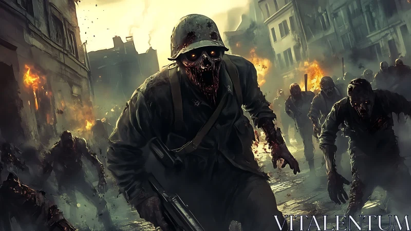 Undead soldiers advancing through burning urban ruins.