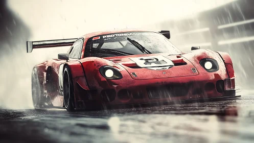 Red endurance race car speeding through heavy rain on track.