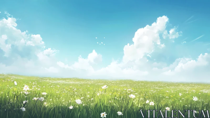 Sunlit wildflower meadow extends beneath towering cumulus clouds