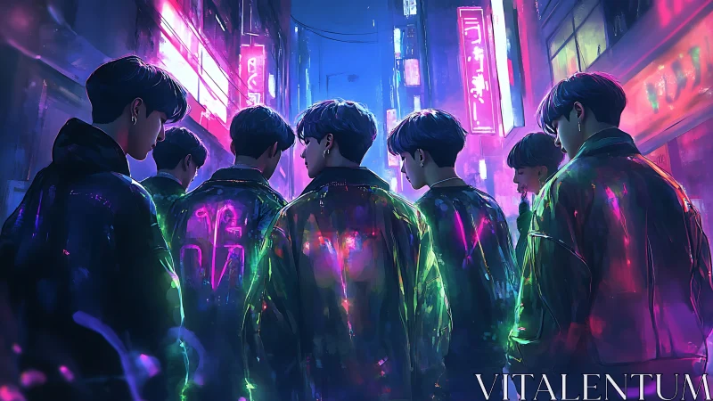 Neon-clad youths converging in electric cyberpunk alleyway.