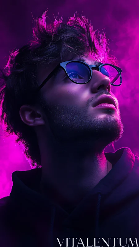 Neon dreamer gazes upward in electric violet glow.