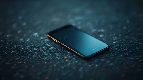 Smartphone on wet asphalt under teal-orange bokeh glow.