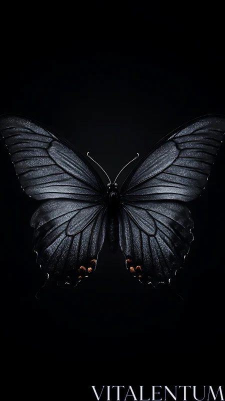 Low-key macro study of iridescent black butterfly morphology.