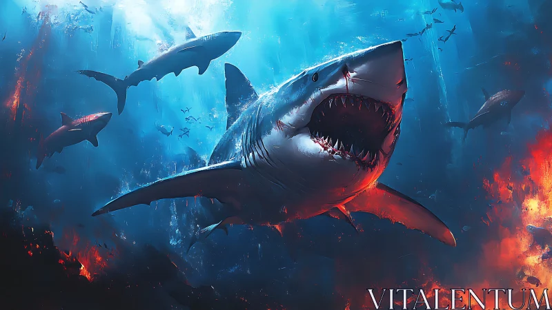 Great white shark group in vivid deep ocean environment.