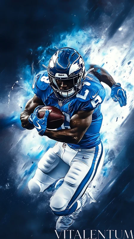 American football runner in blue uniform charging forward.