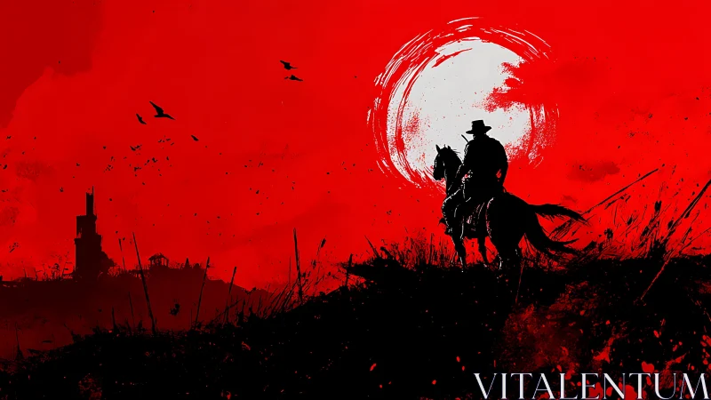 Silhouetted rider on horseback against stylized red sun.