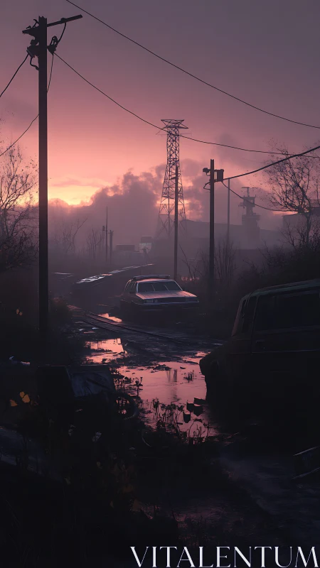 Abandoned industrial road cuts through dusk-lit flooded wasteland