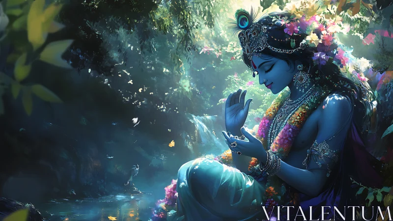 Moonlit blue deity cradles a forest full of drifting prayers