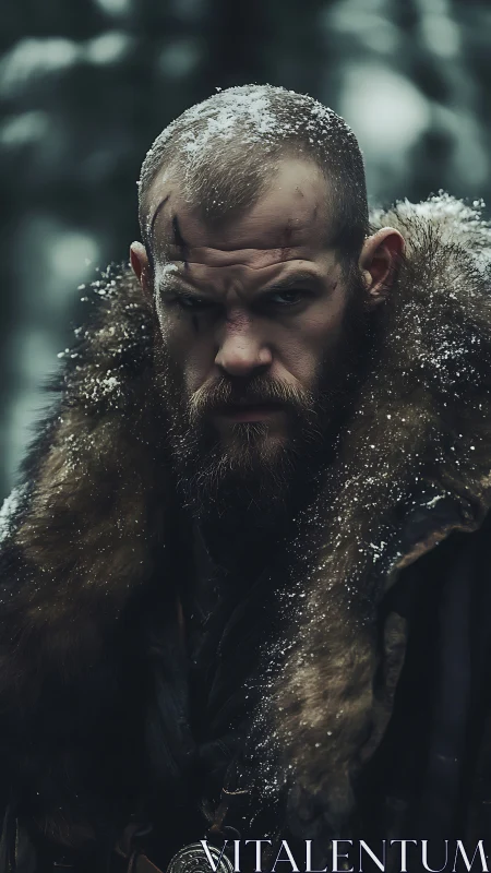 Battle-scarred winter warrior in fur mantle, snow-flecked gaze.