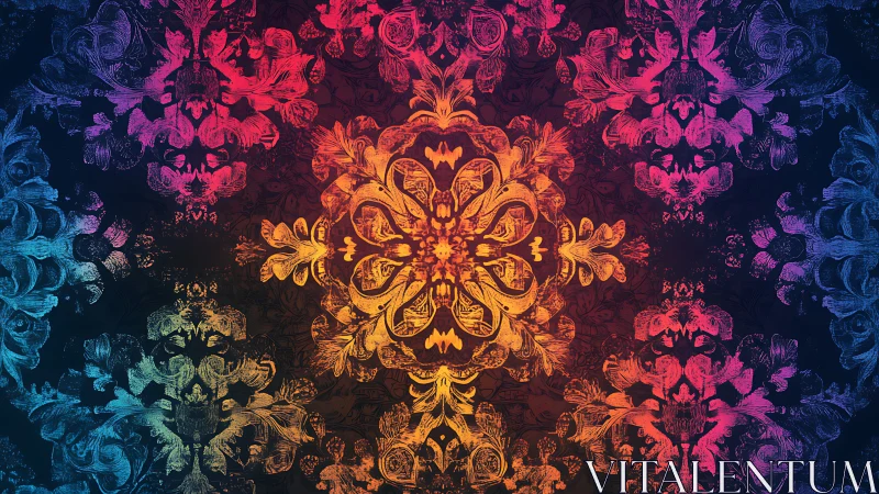 Radial floral mandala displays multicolor gradient symmetry