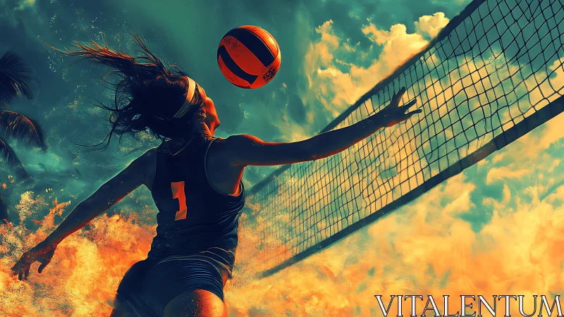 Sunlit volleyball hero soaring high across the summer net.