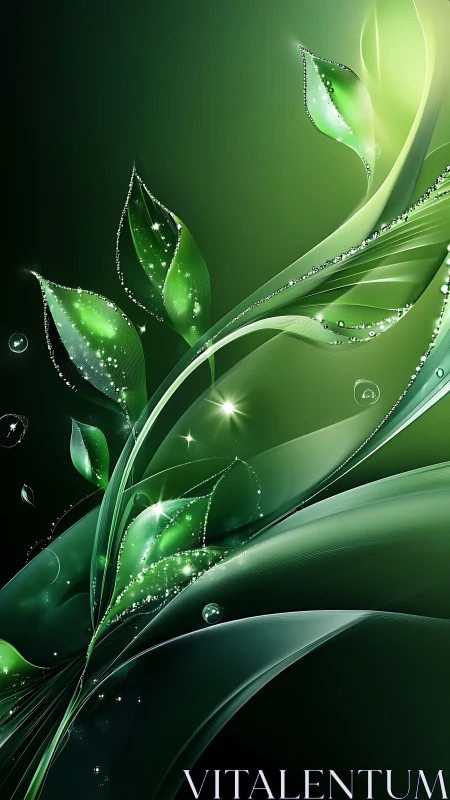 Digital green leaves form abstract layered light patterns
