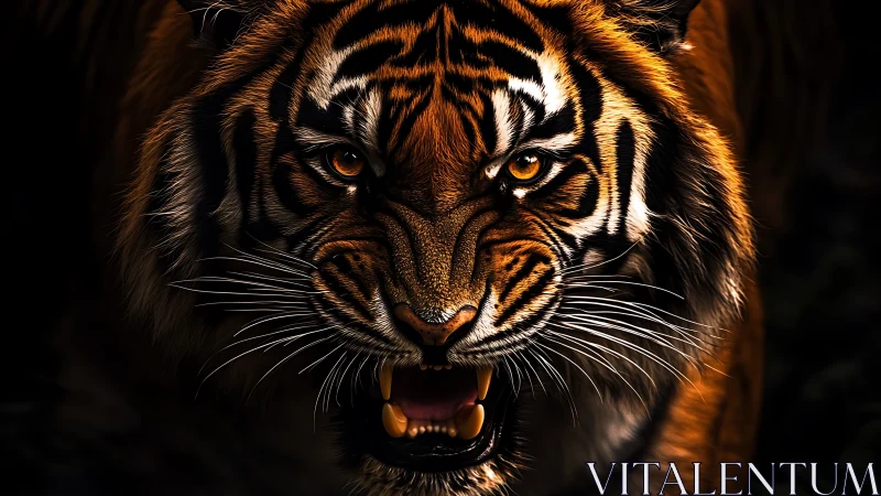 Snarling tiger close-up with intense glowing eyes.