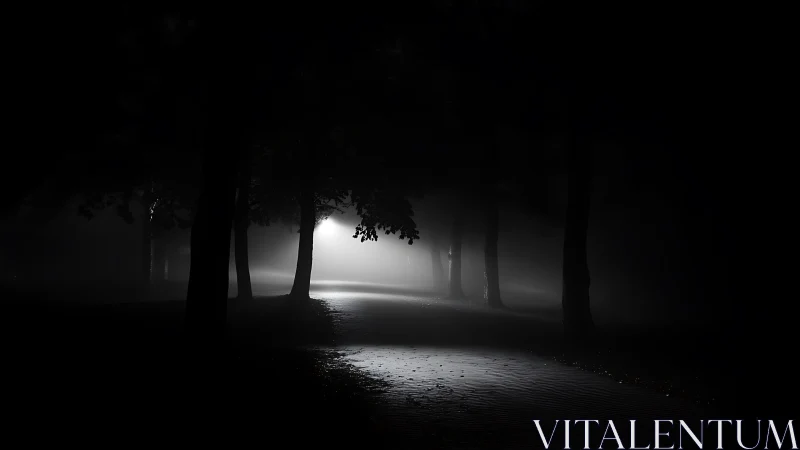Nocturnal park path in volumetric fog with backlit trees.