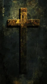 Weathered golden cross shining softly in shadowed stone.