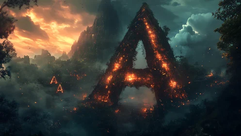 Burning Monument in Mystical Landscape