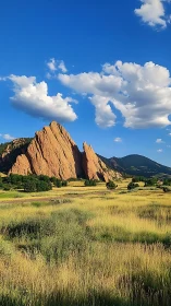 Red sandstone rock formations rise over sunny grassland field.