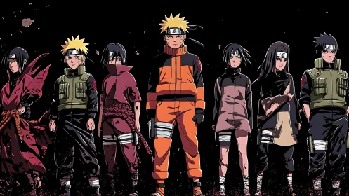 Sequential shinobi lineup with high-contrast anime rendering.