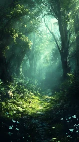 Misty forest pathway with illuminated trees and blue flowers