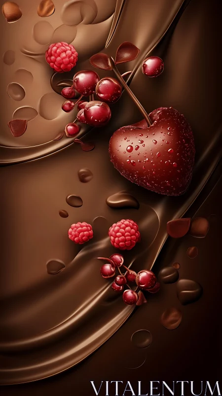 Heart-shaped cherry and berries rest on flowing rich chocolate